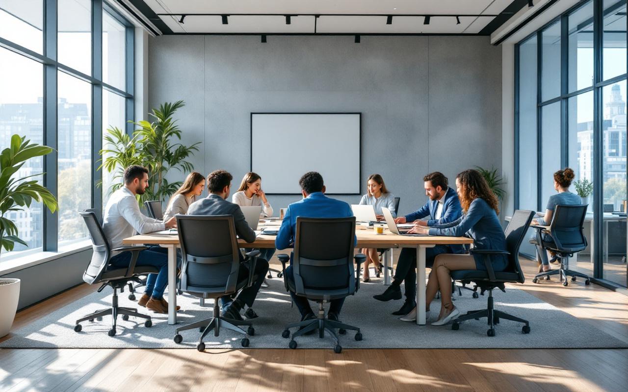 Équipe d'affaires diverse en réunion dans une salle de séminaire ergonomique avec mobilier modulaire, chaises ergonomiques et tables modulables. Ordinateurs portables, tableau blanc et plantes, lumière naturelle douce filtrant par de grandes fenêtres.