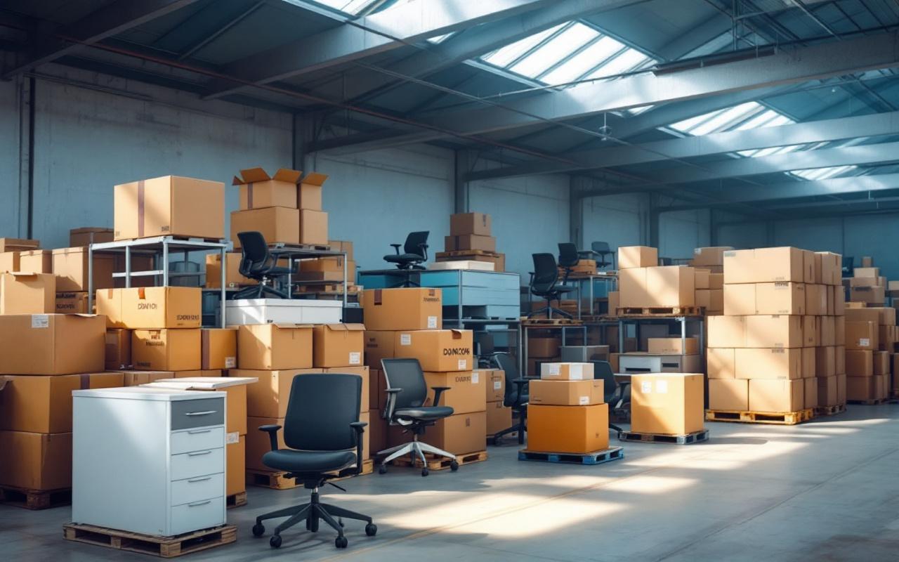 Entrepôt contenant du mobilier de bureau réutilisé prêt pour don : bureaux et chaises empilés sur palettes, cartons étiquetés « donation », sol en béton, lumière volumétrique douce filtrant par les verrières, atmosphère réaliste et ordonnée.