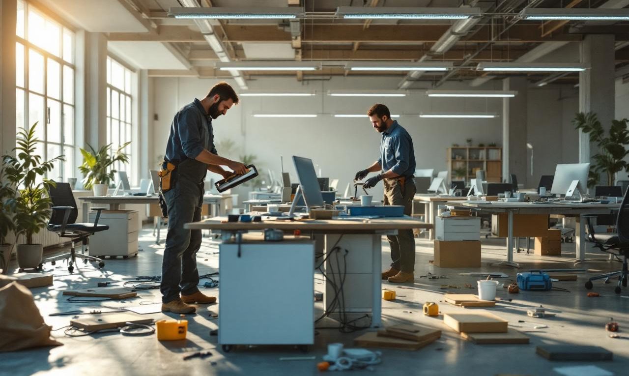 Des ouvriers démontent des bureaux dans un vaste open space vide, avec des outils et des câbles éparpillés sur le sol, baignés d'une lumière matinale volumétrique aux tons bleus et ambrés, atmosphère réaliste et documentaire.