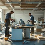 Des ouvriers démontent des bureaux dans un vaste open space vide, avec des outils et des câbles éparpillés sur le sol, baignés d'une lumière matinale volumétrique aux tons bleus et ambrés, atmosphère réaliste et documentaire.