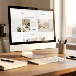 Bureau moderne avec un ordinateur montrant une maquette de site web, un carnet et un smartphone, ambiance professionnelle.