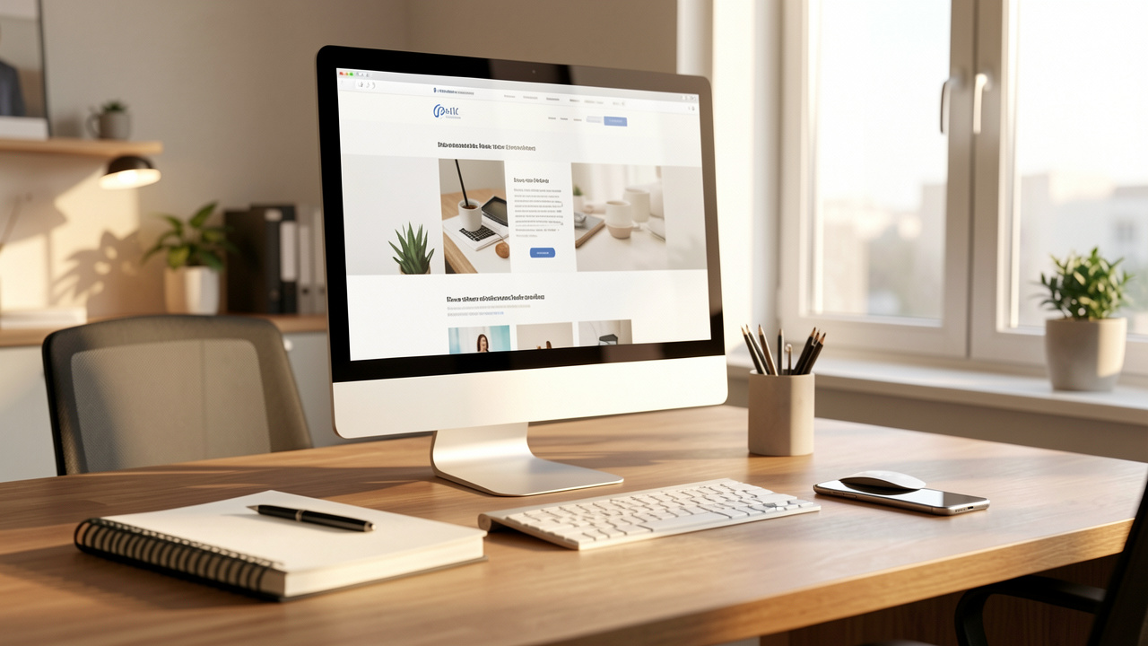 Bureau moderne avec un ordinateur montrant une maquette de site web, un carnet et un smartphone, ambiance professionnelle.