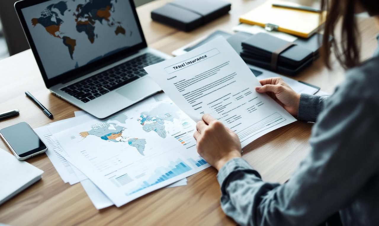 Une responsable RH, une femme, examine un contrat d’assurance voyage d’affaires sur un bureau moderne, avec des dossiers salariés et une carte du monde à côté d’un ordinateur portable.