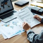 Une responsable RH, une femme, examine un contrat d’assurance voyage d’affaires sur un bureau moderne, avec des dossiers salariés et une carte du monde à côté d’un ordinateur portable.