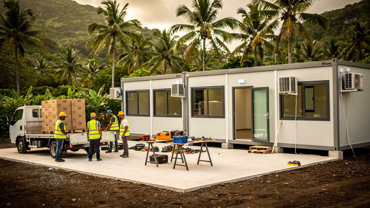 Base vie modulaire installée en Martinique avec bureaux climatisés, outils et équipe de chantier en action sur le site.
