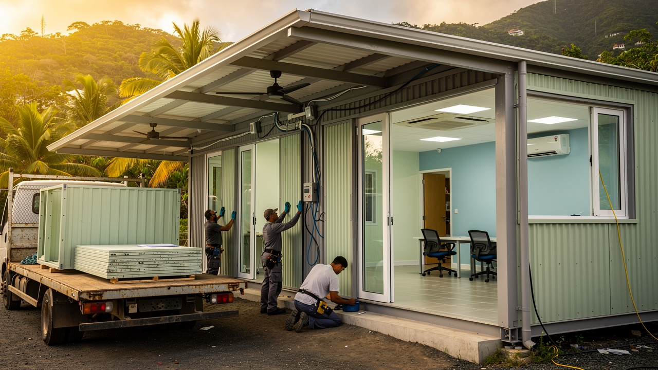 Bureau modulaire tropical en Martinique, extérieur robuste prêt à accueillir des panneaux, intérieur climatisé avec éclairage frais et ventilation visible.