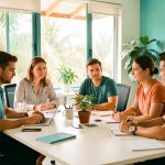 Équipe professionnelle travaillant dans des bureaux temporaires modernes en Martinique, éclairage tropical lumineux, mobilier sobre et environnement de travail collaboratif.