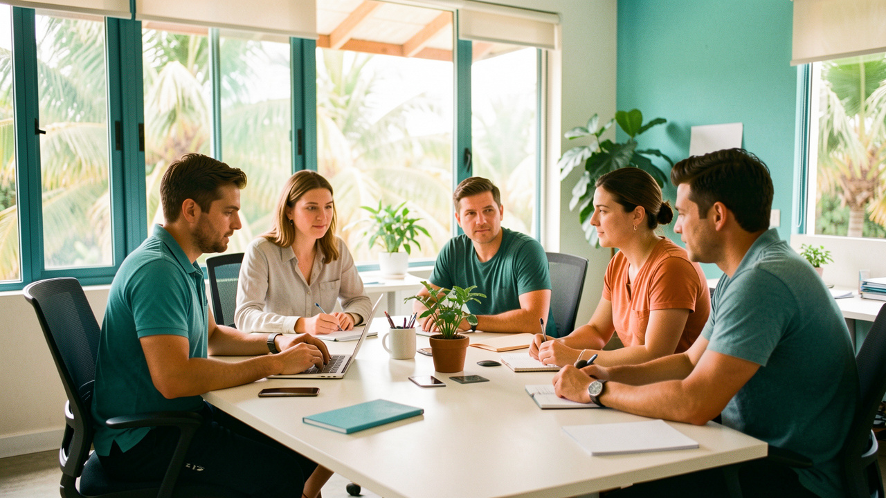 Équipe professionnelle travaillant dans des bureaux temporaires modernes en Martinique, éclairage tropical lumineux, mobilier sobre et environnement de travail collaboratif.