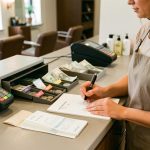 Intérieur réaliste d’un salon de coiffure moderne : terminal de paiement, caisse et une salariée en tablier qui trie des billets et enregistre des montants de pourboires sur une feuille de comptabilité vierge.