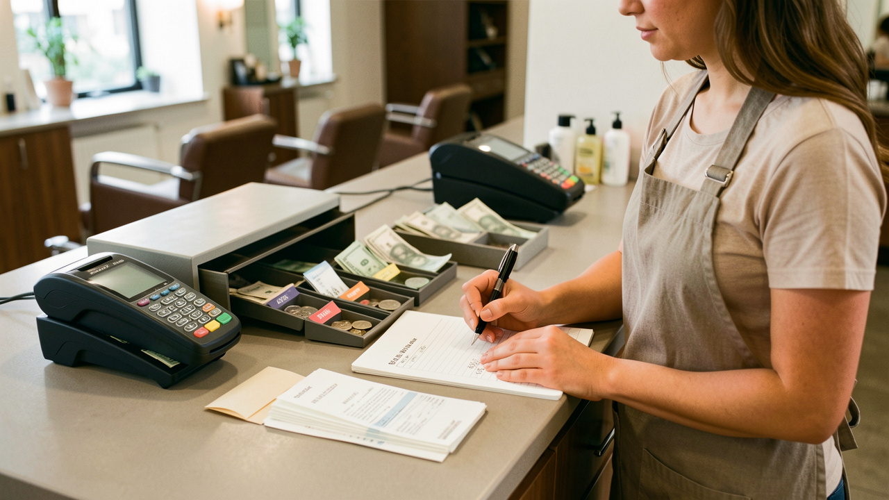 Intérieur réaliste d’un salon de coiffure moderne : terminal de paiement, caisse et une salariée en tablier qui trie des billets et enregistre des montants de pourboires sur une feuille de comptabilité vierge.