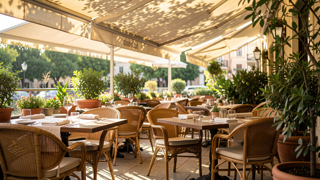 Terrasse de restaurant élégante en été, avec mobilier confortable, plantes en pots et une ambiance ombragée chaleureuse, lumière douce et reflets sur les tables.