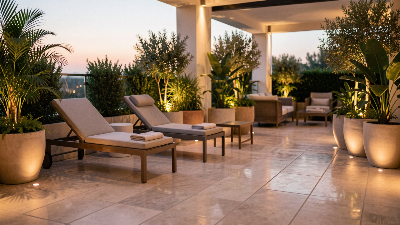 Terrasse professionnelle élégante à l’extérieur, avec mobilier design, plantes en pots et éclairage doux créant une ambiance accueillante.