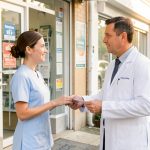 Une infirmière libérale échange avec un pharmacien devant une pharmacie de quartier, dans une ambiance professionnelle et lumineuse.