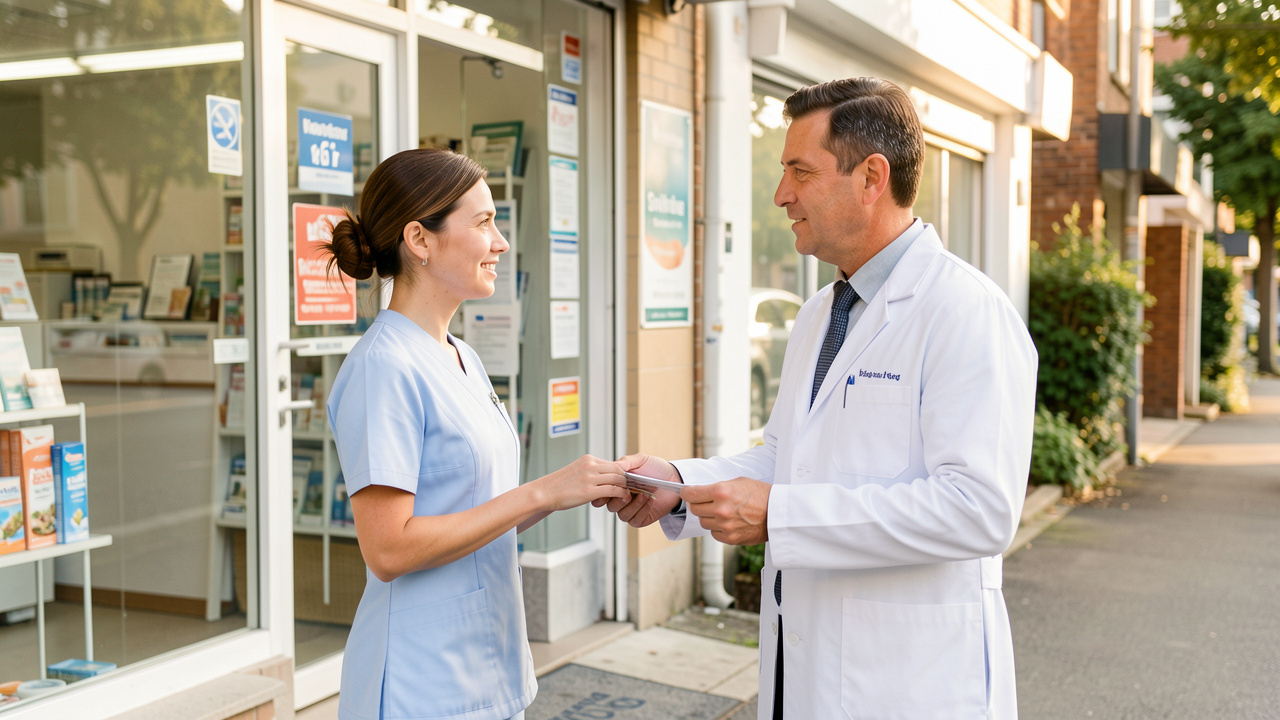 Une infirmière libérale échange avec un pharmacien devant une pharmacie de quartier, dans une ambiance professionnelle et lumineuse.