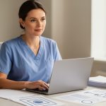 Infirmière libérale dans un bureau lumineux après sa tournée, consultant un ordinateur portable entouré de documents administratifs vierges et de dossiers numérisés.