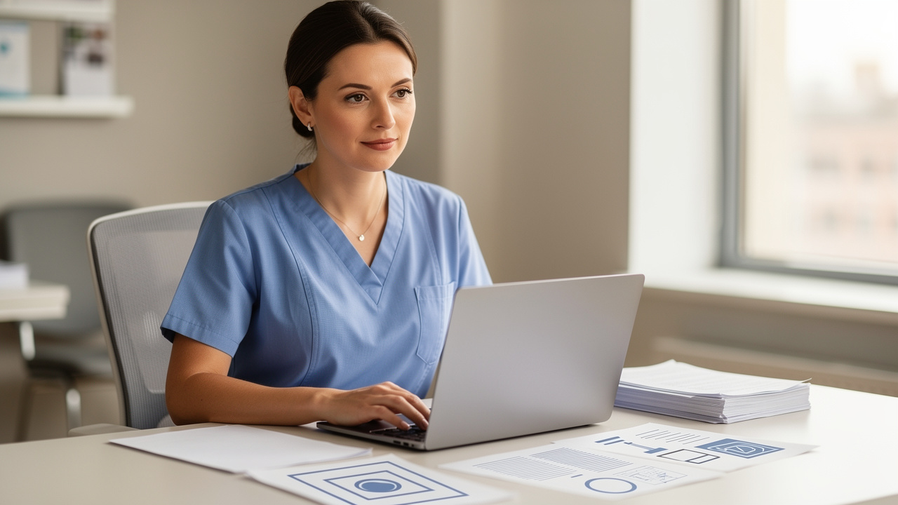 Infirmière libérale dans un bureau lumineux après sa tournée, consultant un ordinateur portable entouré de documents administratifs vierges et de dossiers numérisés.