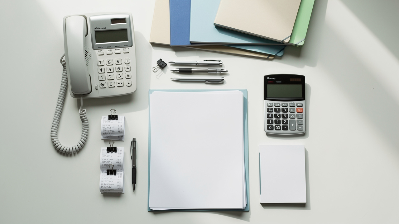 Vue de dessus d’un poste de travail de cabinet infirmier avec calculatrice, téléphone, documents administratifs classés et fournitures de bureau.