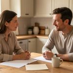 Une femme et un homme discutent calmement d’un soutien financier autour d’une table, dans une atmosphère chaleureuse et respectueuse.