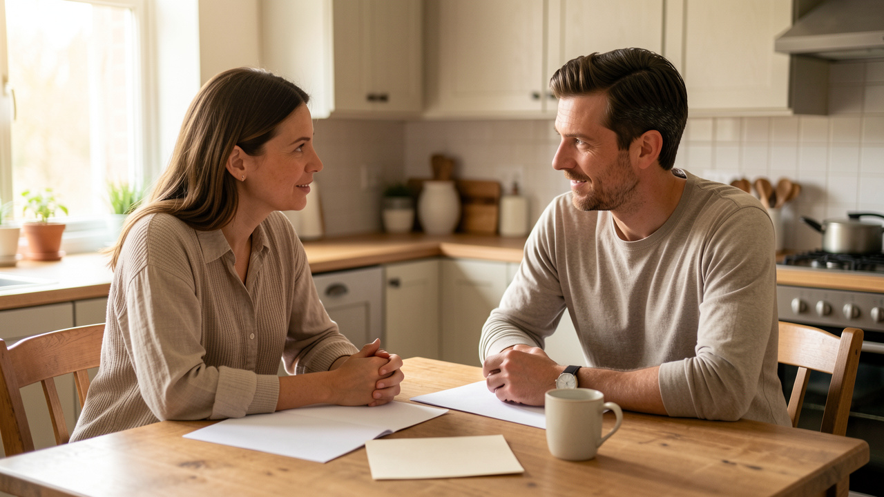Une femme et un homme discutent calmement d’un soutien financier autour d’une table, dans une atmosphère chaleureuse et respectueuse.