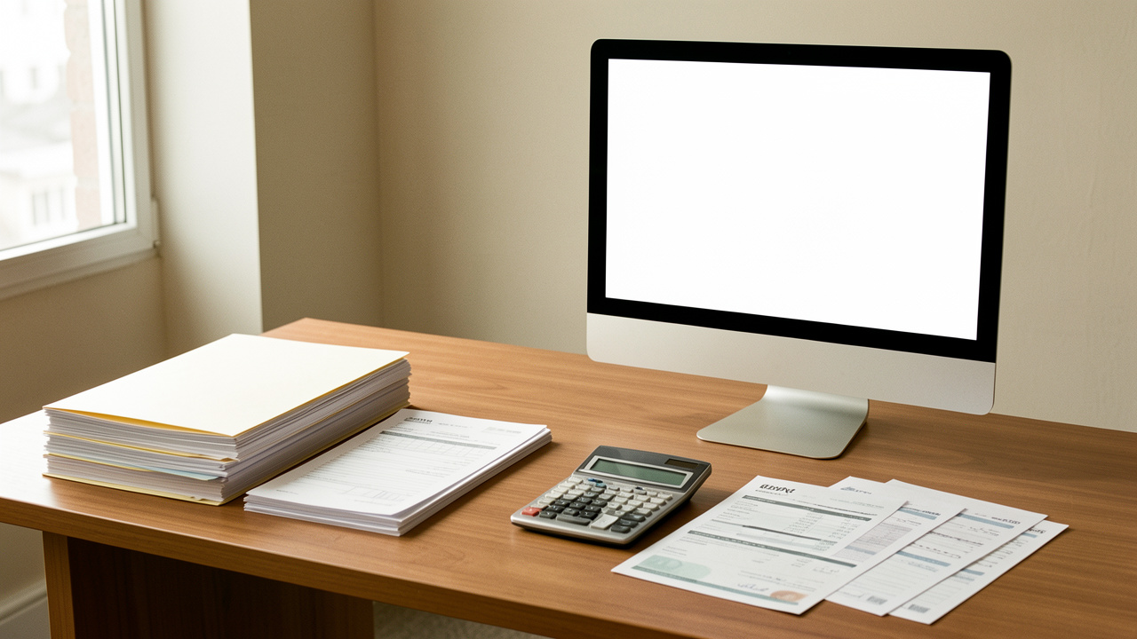Bureau professionnel organisé avec dossiers vierges, feuilles de documents financiers, calculatrice et ordinateur à écran neutre, dans une ambiance sobre et rassurante.