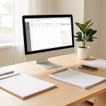 Bureau lumineux et serein d’une professionnelle de santé indépendante, avec ordinateur, agenda vierge, smartphone et documents soigneusement organisés.
