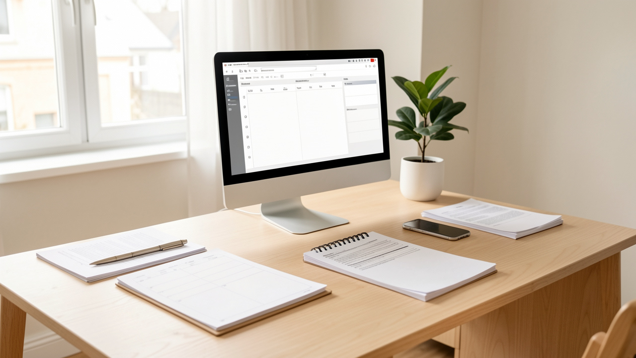 Bureau lumineux et serein d’une professionnelle de santé indépendante, avec ordinateur, agenda vierge, smartphone et documents soigneusement organisés.