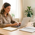 Une femme consultante indépendante travaille sur un ordinateur dans un bureau moderne et lumineux, avec un carnet vierge, un planning sans écriture et une tasse de café sur le bureau.