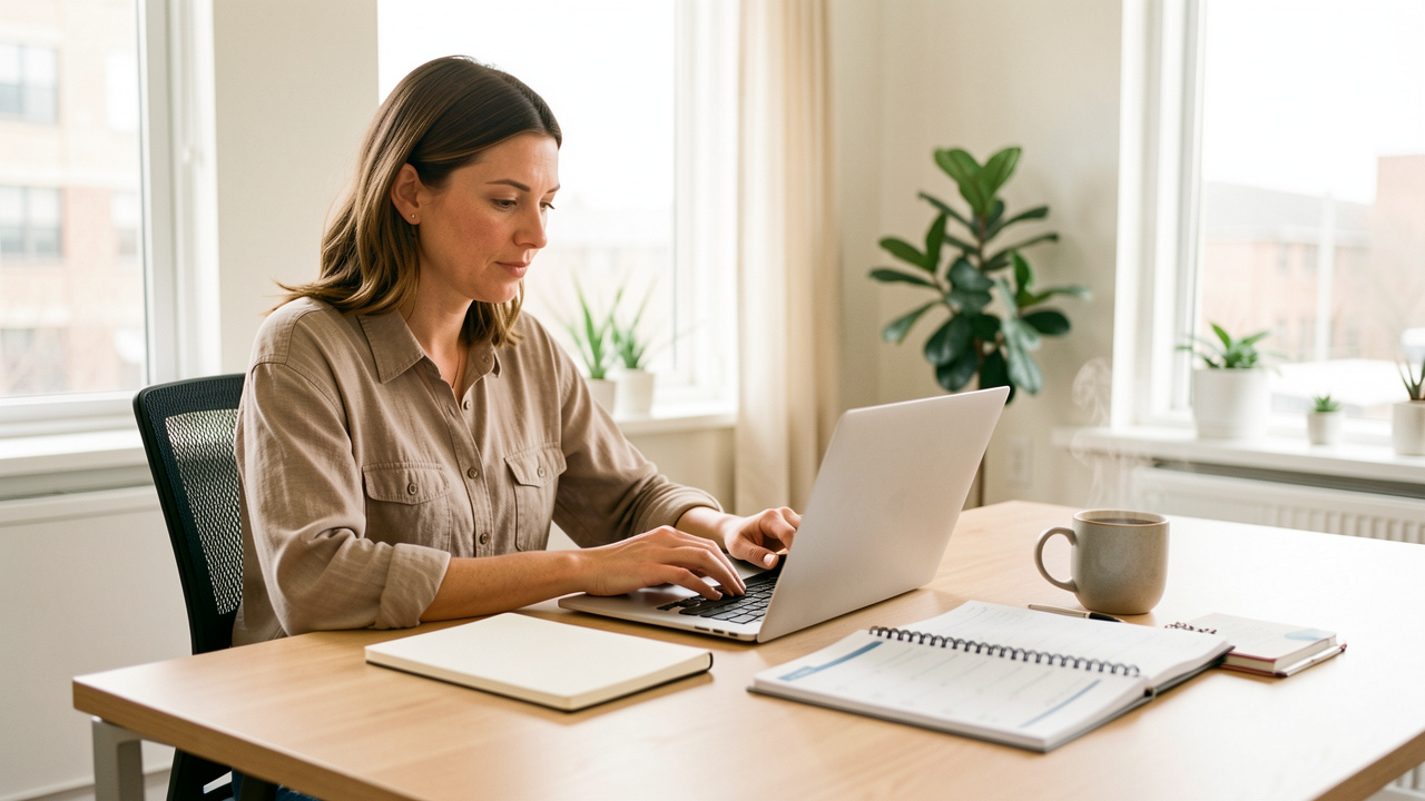 Une femme consultante indépendante travaille sur un ordinateur dans un bureau moderne et lumineux, avec un carnet vierge, un planning sans écriture et une tasse de café sur le bureau.