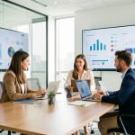 Deux femmes et un homme d’une équipe administrative collaborent autour d’une table dans un bureau moderne et lumineux, devant des tableaux de bord numériques abstraits.