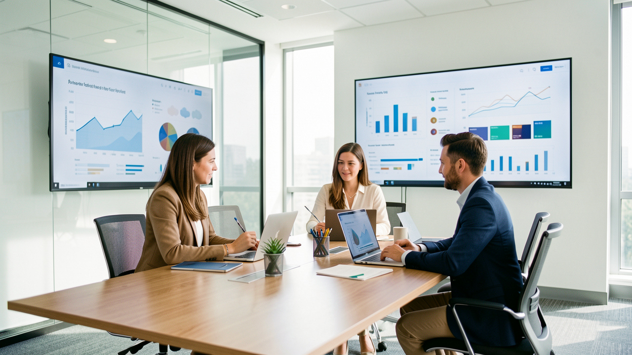 Deux femmes et un homme d’une équipe administrative collaborent autour d’une table dans un bureau moderne et lumineux, devant des tableaux de bord numériques abstraits.