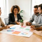 Équipe de direction réunie autour d’une table dans un bureau lumineux, devant un tableau stratégique visuel sans texte et des éléments évoquant l’engagement sociétal.