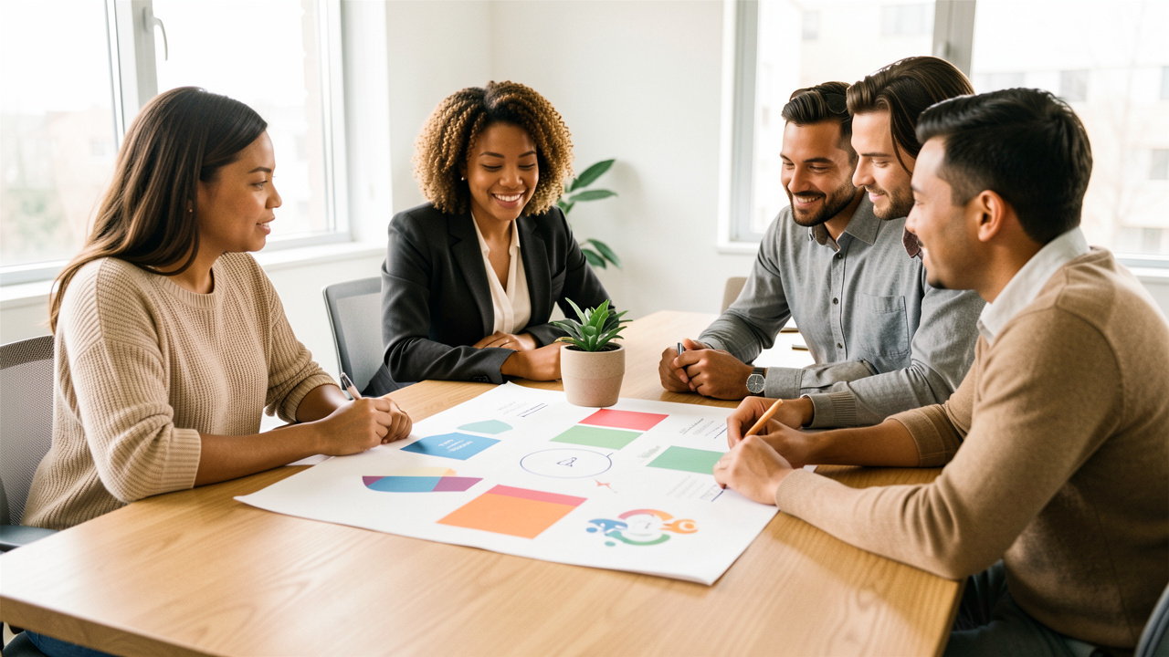Équipe de direction réunie autour d’une table dans un bureau lumineux, devant un tableau stratégique visuel sans texte et des éléments évoquant l’engagement sociétal.