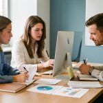Équipe marketing B2B composée de deux femmes et d’un homme analysant des vidéos, des notes et des statistiques abstraites sur un ordinateur dans un bureau moderne.
