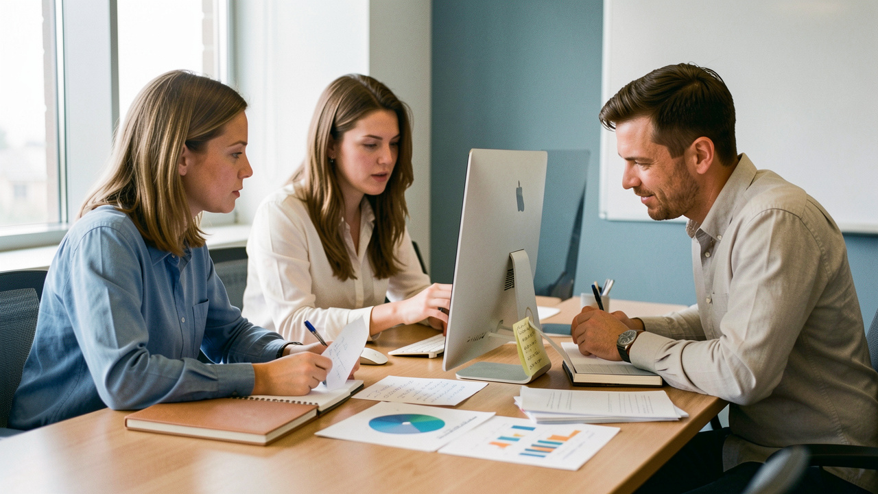 Équipe marketing B2B composée de deux femmes et d’un homme analysant des vidéos, des notes et des statistiques abstraites sur un ordinateur dans un bureau moderne.