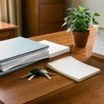 Bureau professionnel soigneusement organisé avec des dossiers vierges, des clés et une plante, évoquant une transmission sereine et préparée.