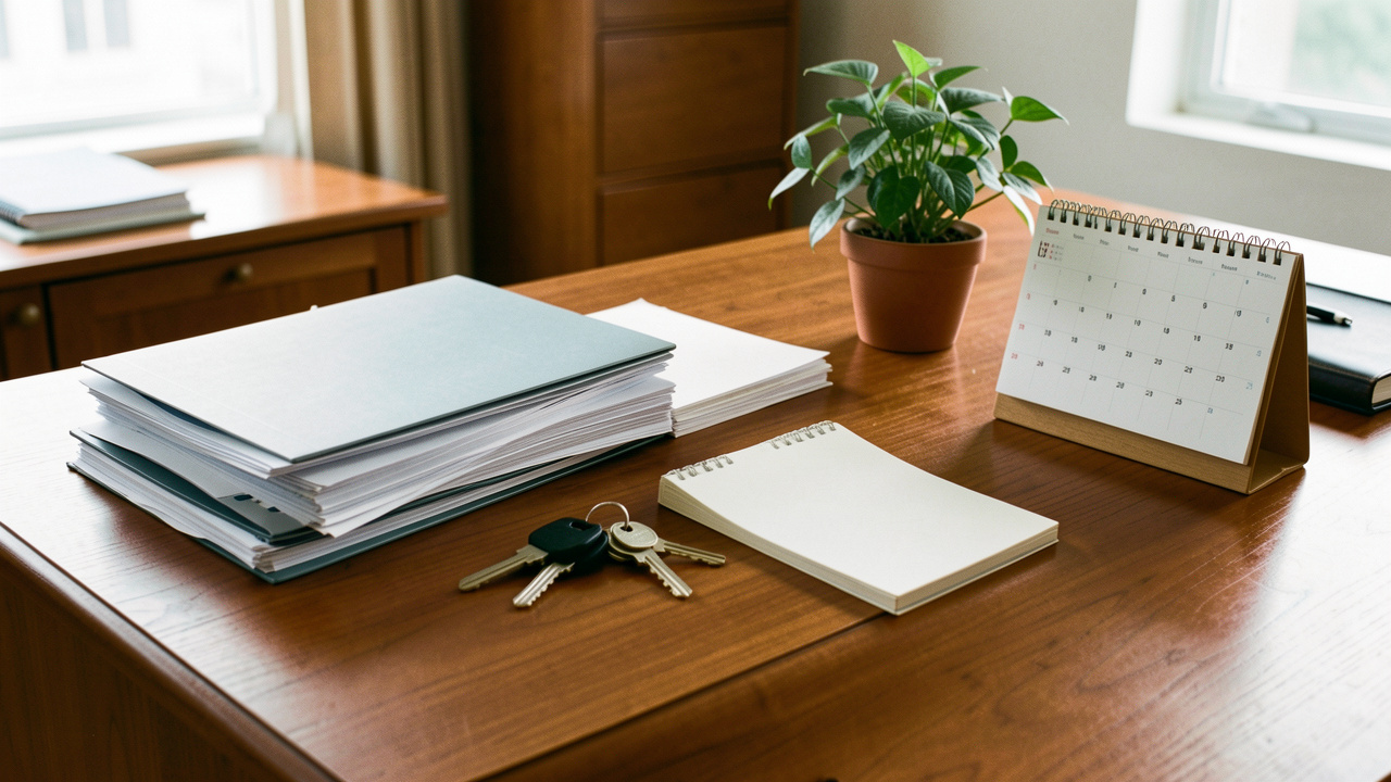 Bureau professionnel soigneusement organisé avec des dossiers vierges, des clés et une plante, évoquant une transmission sereine et préparée.