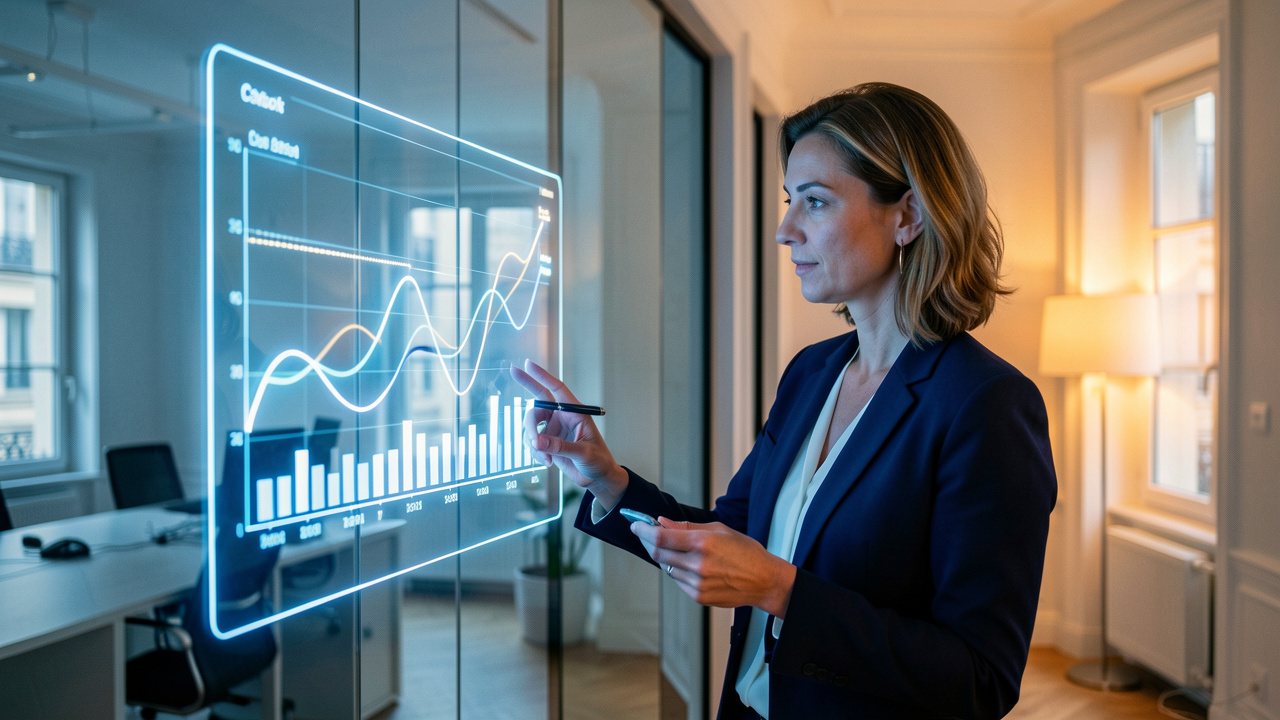 Une directrice financière française analyse un tableau de trésorerie lumineux dans un bureau moderne à l’ambiance professionnelle.