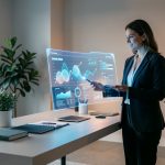 Une dirigeante d’entreprise observe un tableau de bord numérique lumineux dans un bureau moderne, organisé et soigneusement aménagé.