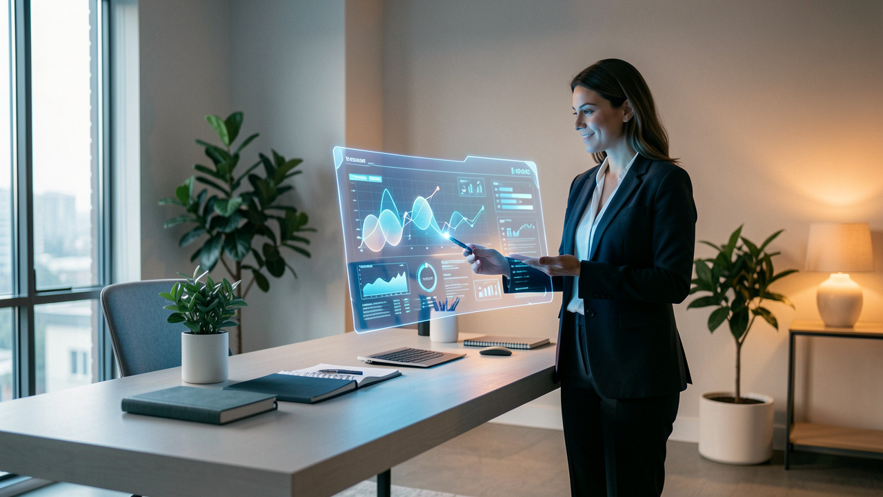 Une dirigeante d’entreprise observe un tableau de bord numérique lumineux dans un bureau moderne, organisé et soigneusement aménagé.