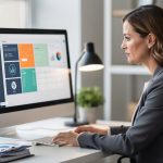 Dirigeante de petite entreprise vérifiant des factures numériques sur un ordinateur dans un bureau lumineux.