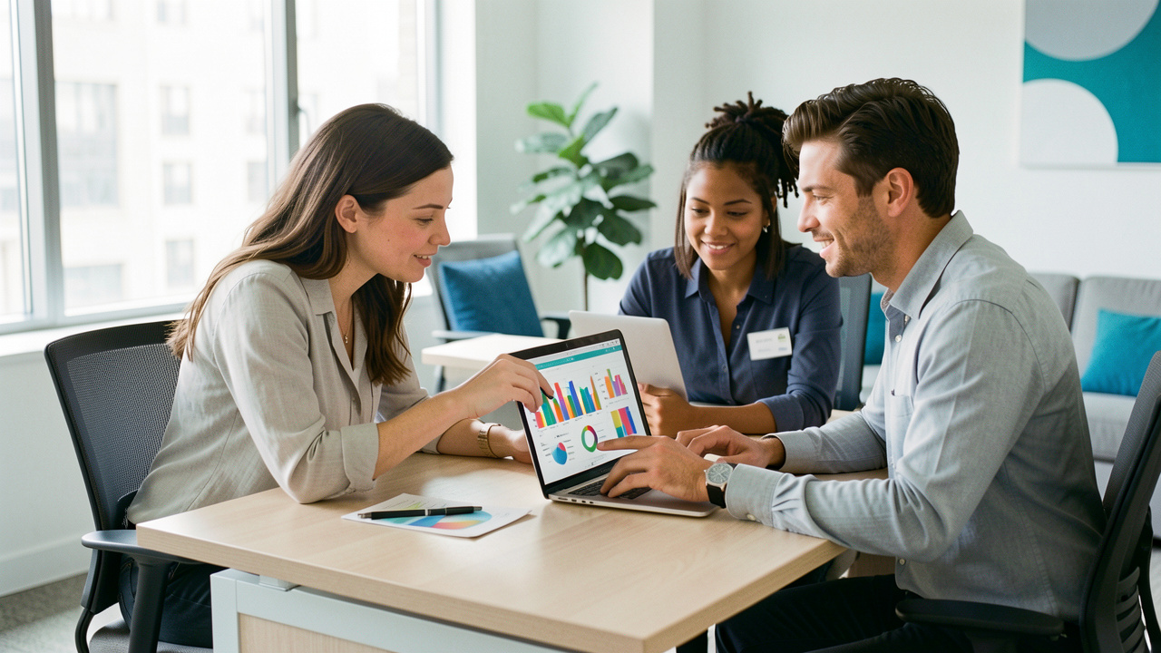 Équipe B2B composée de deux femmes et d’un homme analysant des graphiques abstraits sur un ordinateur portable dans un bureau moderne et lumineux.