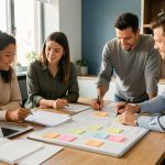 Équipe diversifiée de deux femmes et deux hommes réunie autour d’un bureau avec un ordinateur, des dossiers de candidature vierges et un tableau de planification sans écriture.