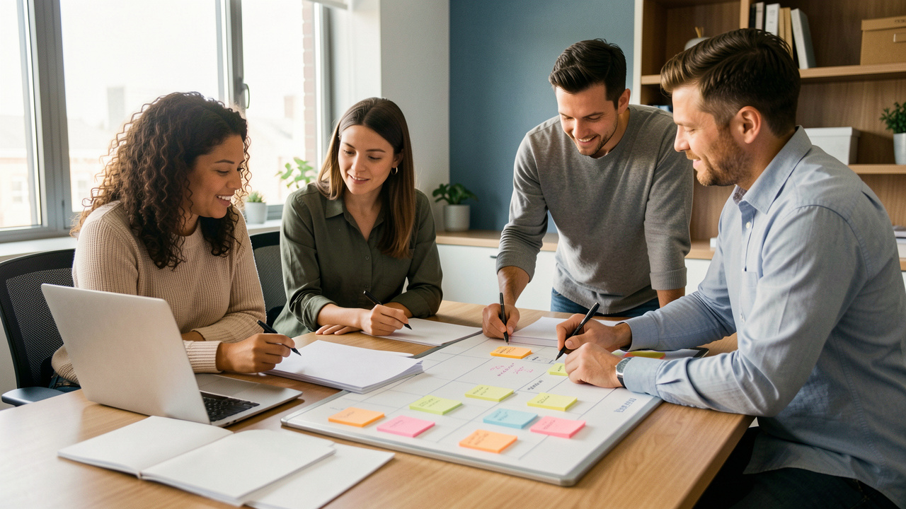 Équipe diversifiée de deux femmes et deux hommes réunie autour d’un bureau avec un ordinateur, des dossiers de candidature vierges et un tableau de planification sans écriture.