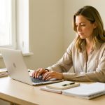 Une dirigeante de petite entreprise organise des dossiers numériques sur un ordinateur portable, installée à un bureau lumineux et bien ordonné.