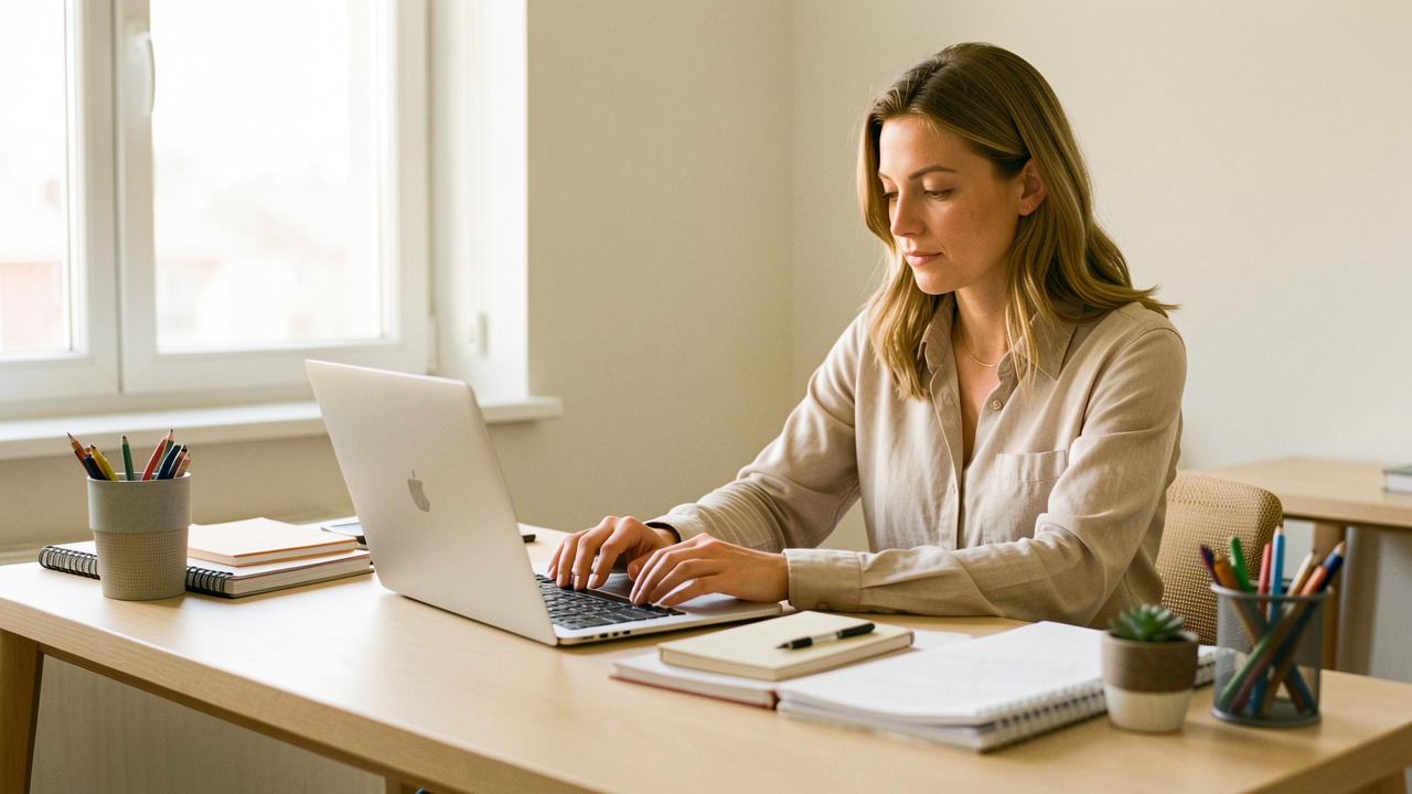 Une dirigeante de petite entreprise organise des dossiers numériques sur un ordinateur portable, installée à un bureau lumineux et bien ordonné.