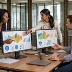 Une équipe RH composée de deux femmes et d’un homme analyse un tableau de bord de données abstraites sur des écrans, dans un bureau moderne et lumineux.