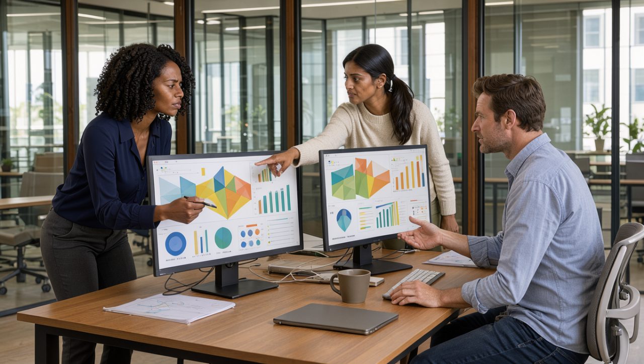 Une équipe RH composée de deux femmes et d’un homme analyse un tableau de bord de données abstraites sur des écrans, dans un bureau moderne et lumineux.