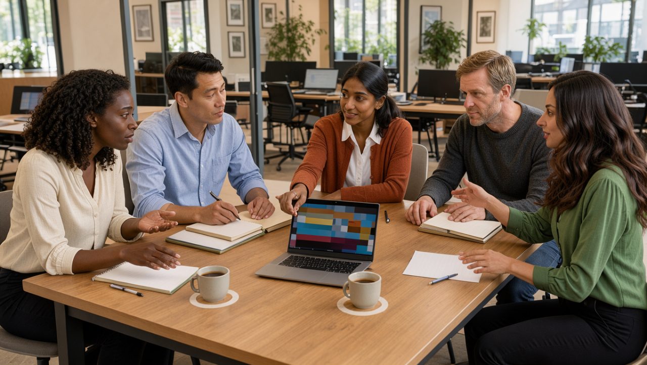Équipe composée de femmes et d’hommes travaillant ensemble dans un bureau moderne et lumineux, autour de postes de travail variés.
