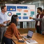 Équipe commerciale et financière réunie dans un bureau français contemporain autour d’un écran présentant des visualisations abstraites de données.