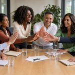 Une équipe diverse de femmes et d’hommes célèbre une réussite collective dans un bureau lumineux, moderne et élégant.
